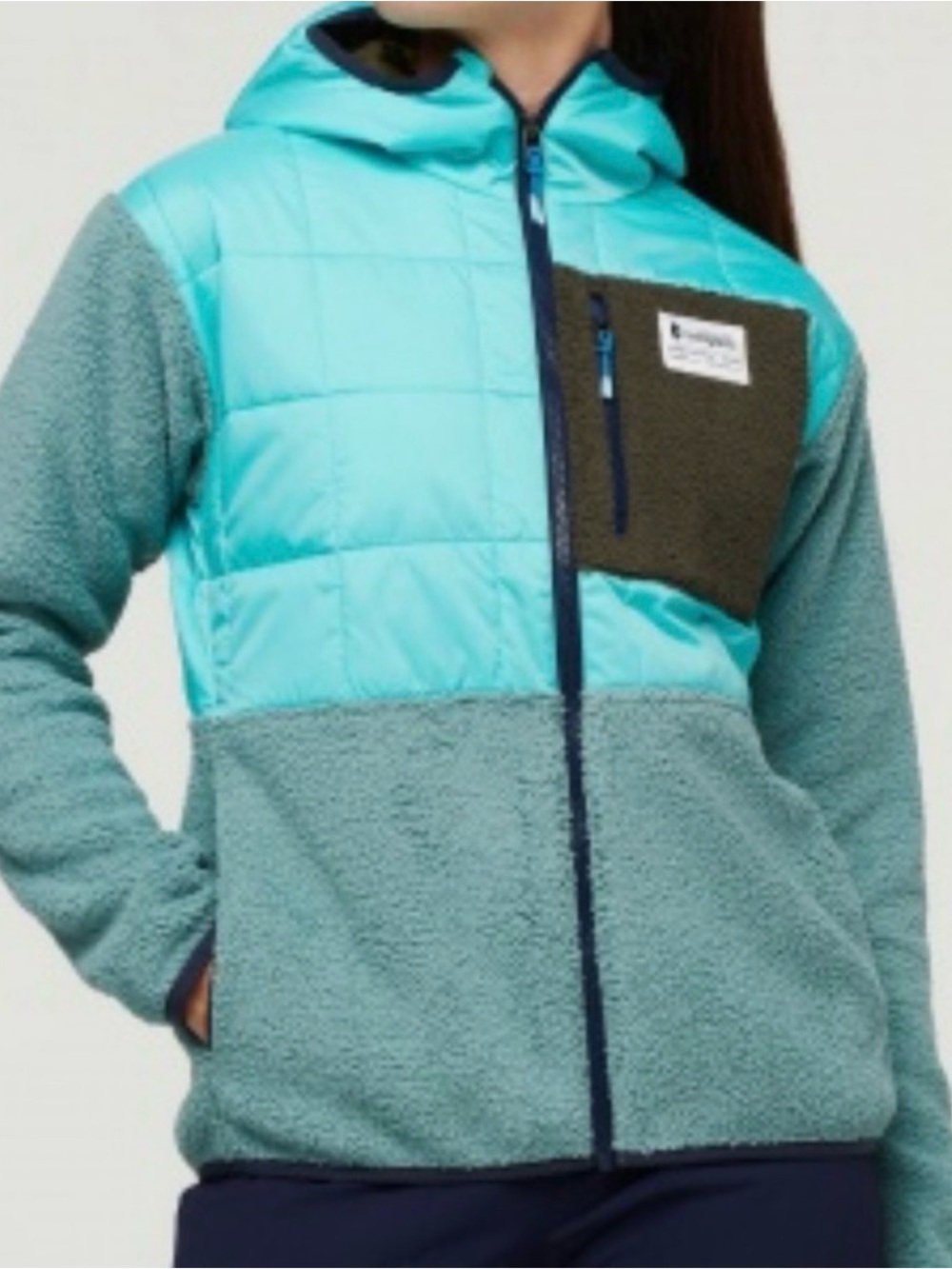 cotopaxi Teal Sherpa & Quilted Hooded Jacket with Olive Chest Pocket